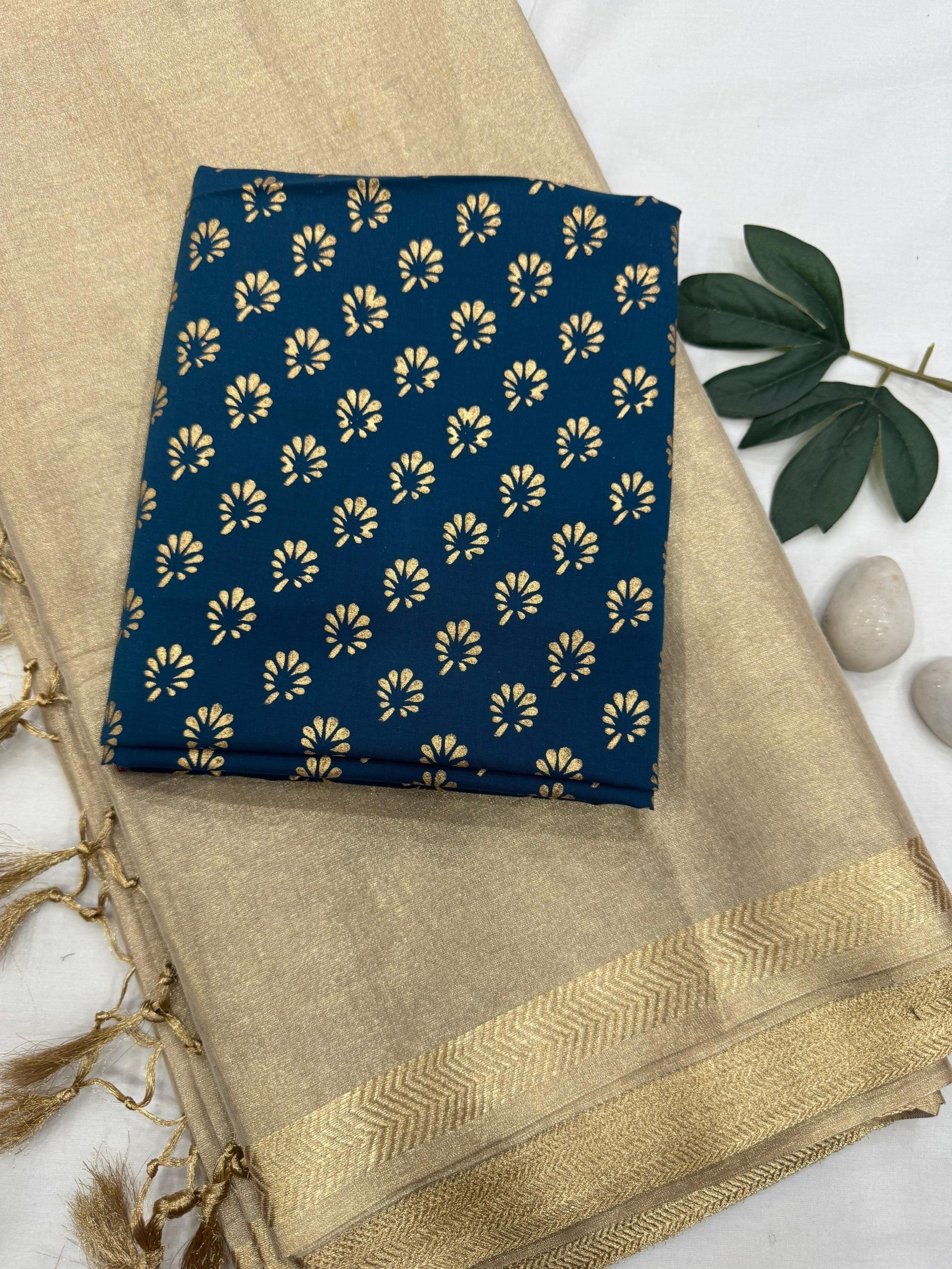 Gold Tissue Saree with Dark Blue Blouse Fabric – Premium Handcrafted Saree for Wholesale Buyers